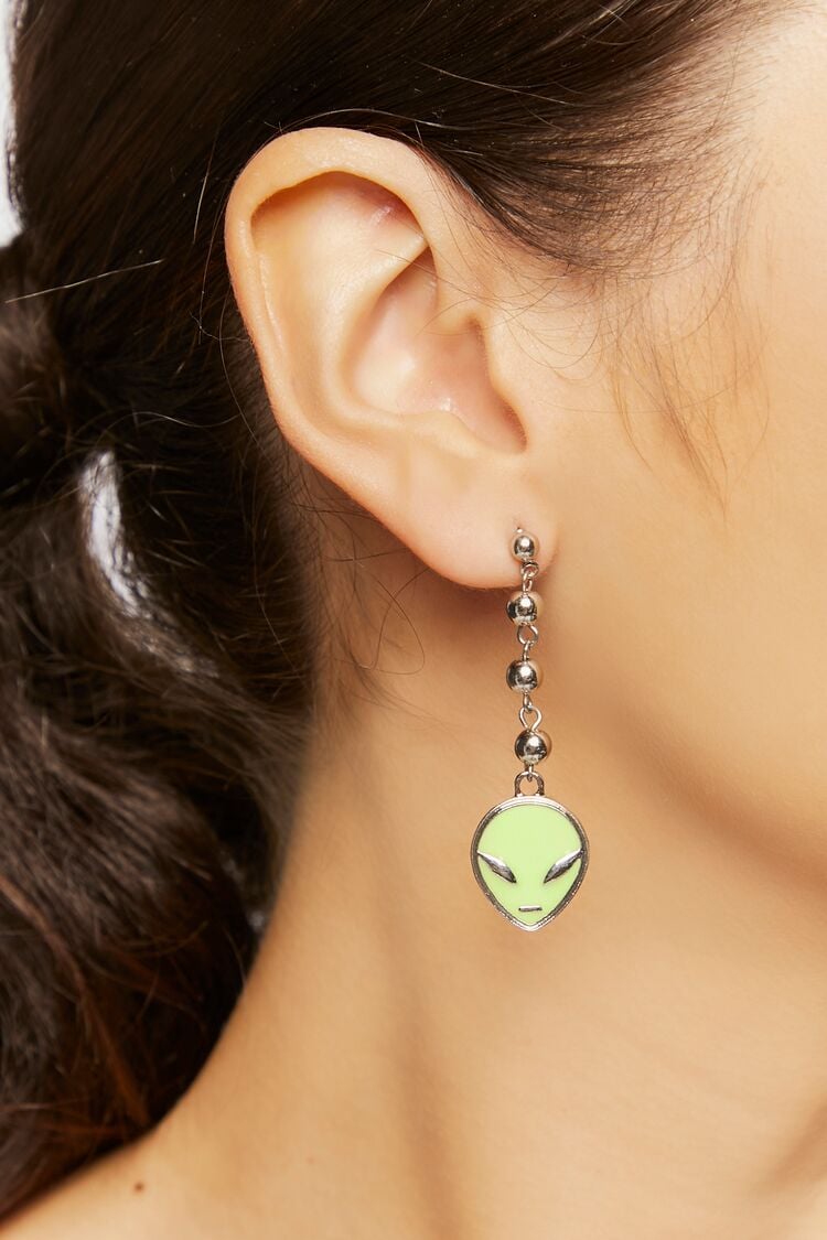 Forever 21 Women's Alien Drop Earrings Green/Silver
