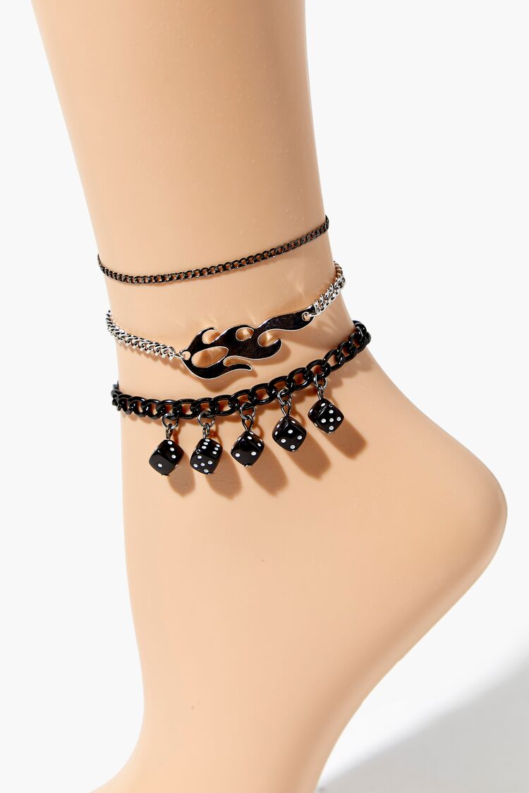 Forever 21 Women's Dice & Flame Anklet Set Black/Silver