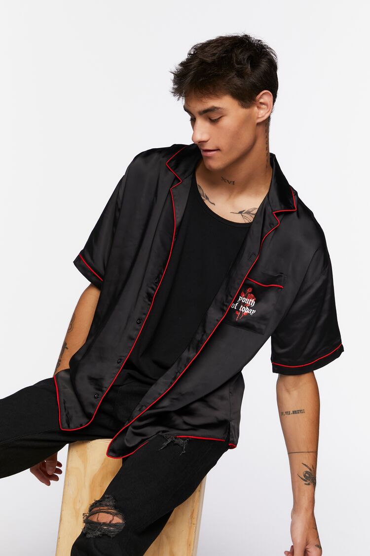 Forever 21 Men's Youth of Today Graphic Satin Shirt Black/Red