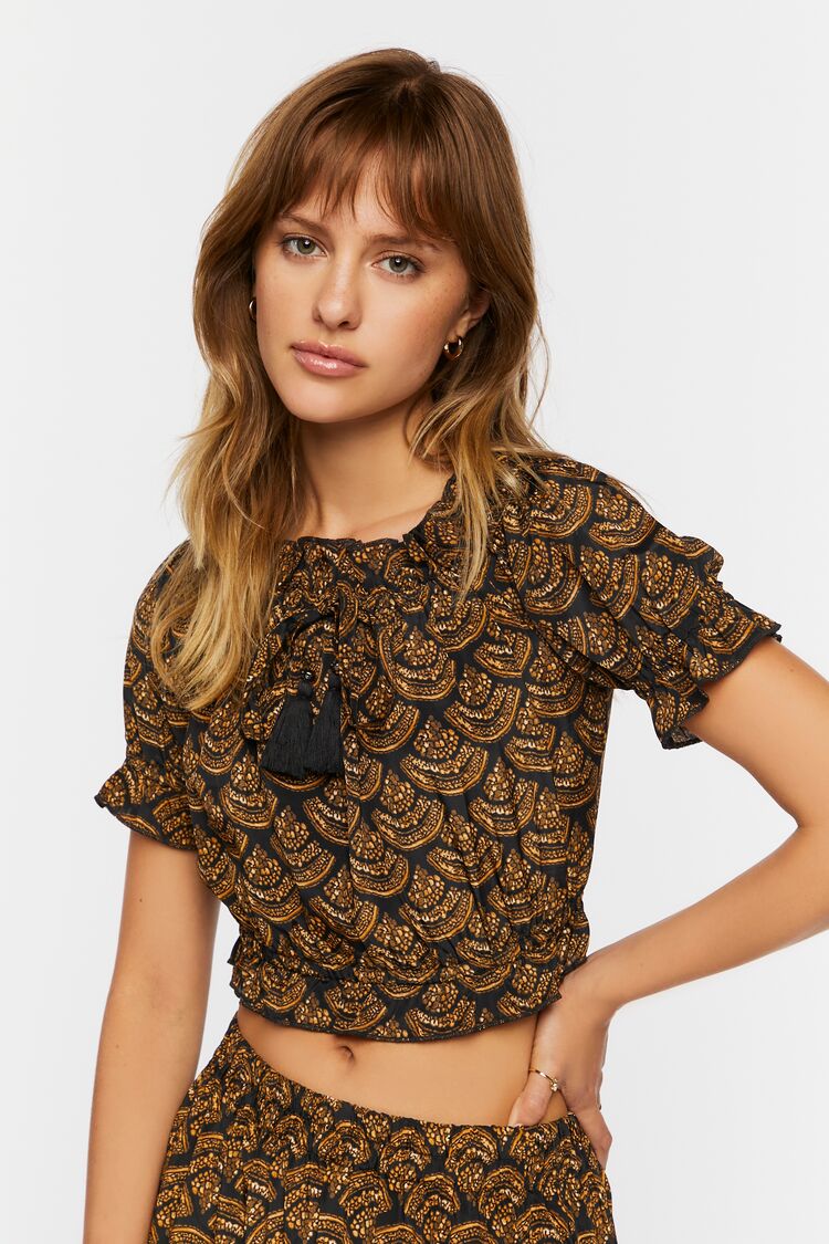 Forever 21 Women's Ornate Print Puff-Sleeve Crop Top Brown/Multi