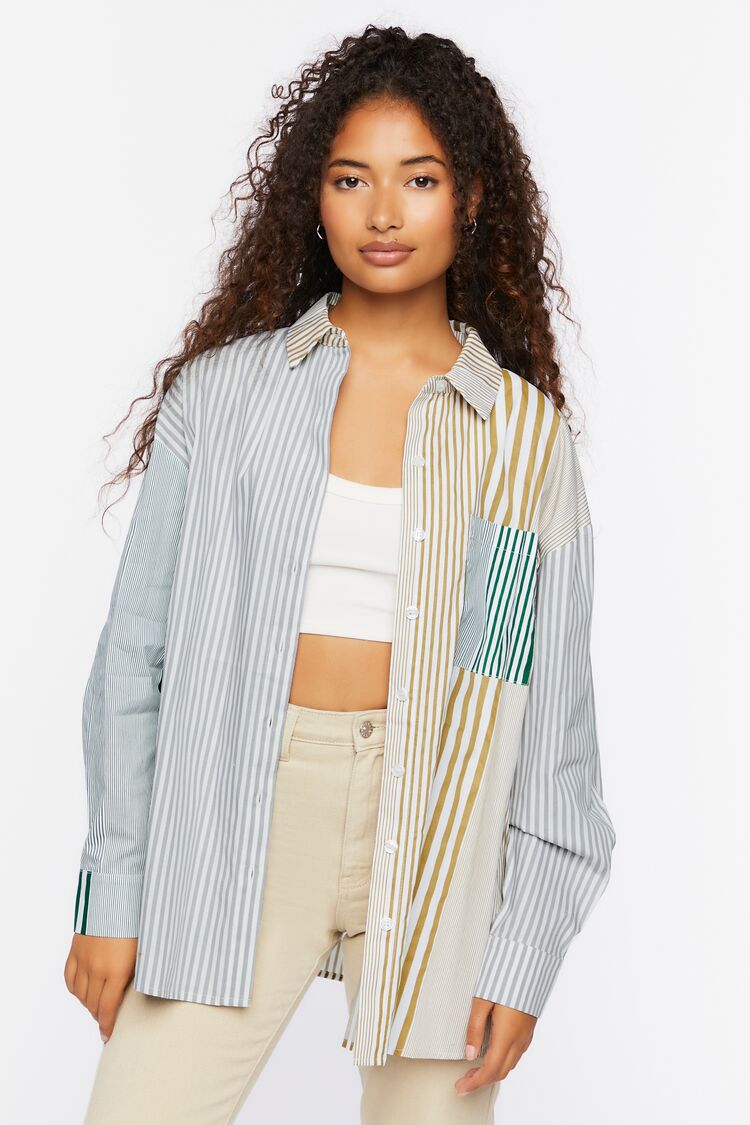 Forever 21 Women's Striped Reworked Poplin Shirt Green/Multi