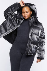 Forever 21 Plus Women's Metallic Puffer Bubble Coat Jacket Black