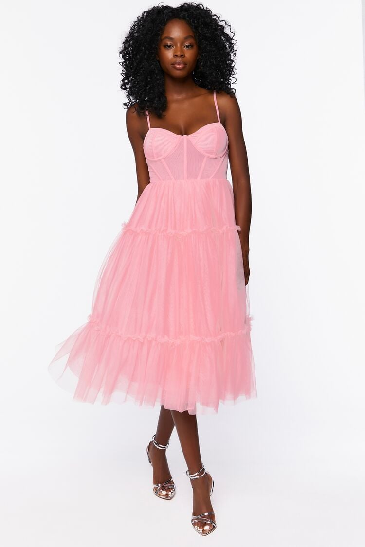 Forever 21 Women's Tulle Ruffled Bustier Midi Dress Rosewater