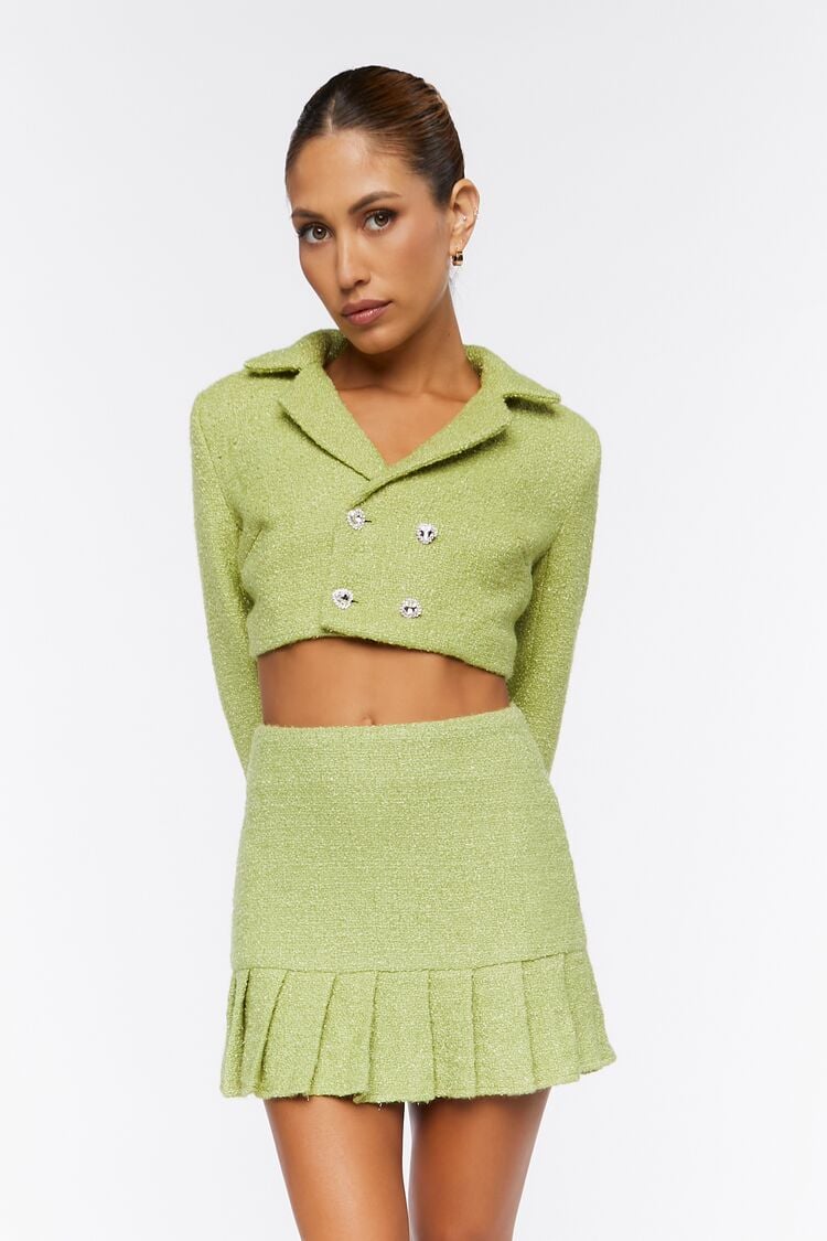 Forever 21 Women's Tweed Pleated Mini Skirt Avocado