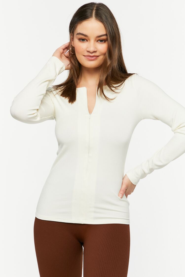 Forever 21 Women's Ribbed Knit Half-Zip Top Cream