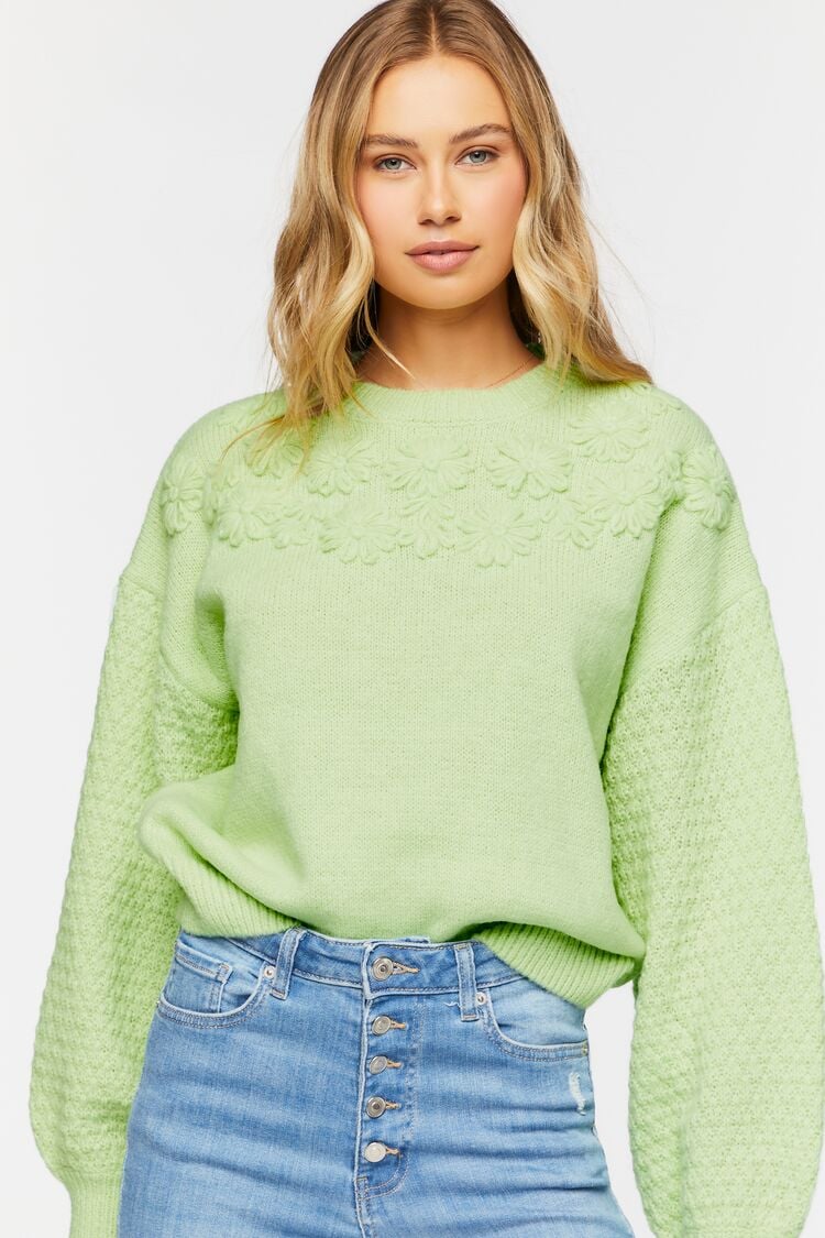 Forever 21 Women's Balloon Sleeve Sweater-Knit Top Light Green