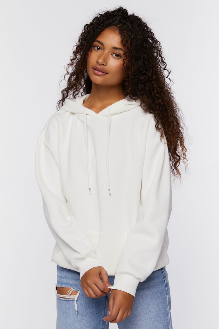 Forever 21 Women's Studded Flame Cutout Hoodie Sweatshirt Cream/Silver