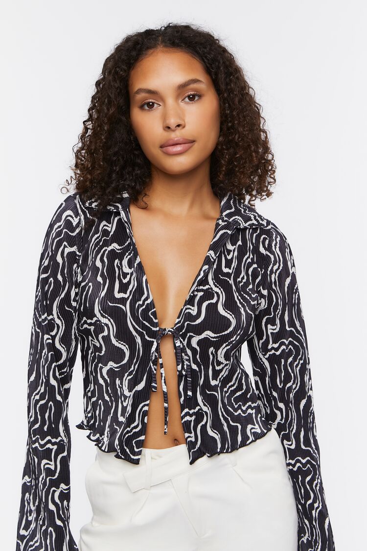 Forever 21 Women's Abstract Print Tie-Front Top Black/Vanilla