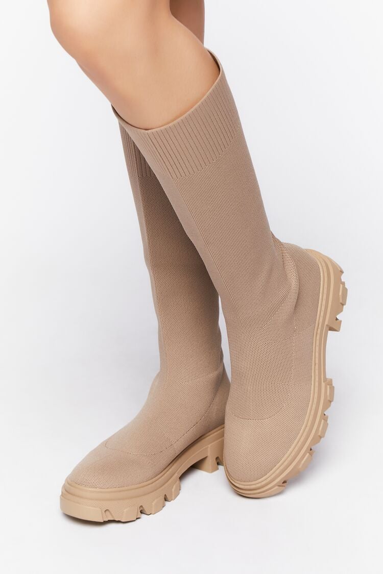 Forever 21 Women's Calf-High Lug-Sole Sock Boots Taupe