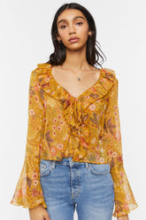 Forever 21 Women's Floral Print Ruffled Flounce Top Gold/Multi