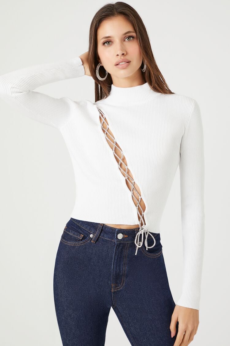 Forever 21 Women's Lace-Up Mock Neck Top White