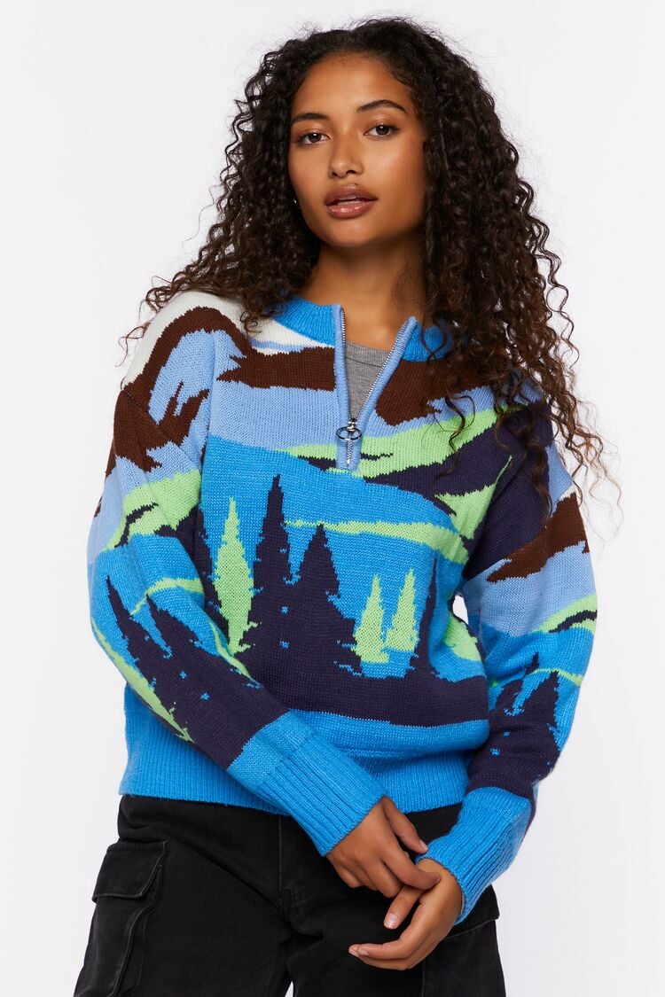 Forever 21 Knit Women's Intarsia Landscape Half-Zip Sweater Blue/Multi