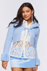 Forever 21 Knit Women's Faux Fur-Trim Cardigan Sweater Baby Blue