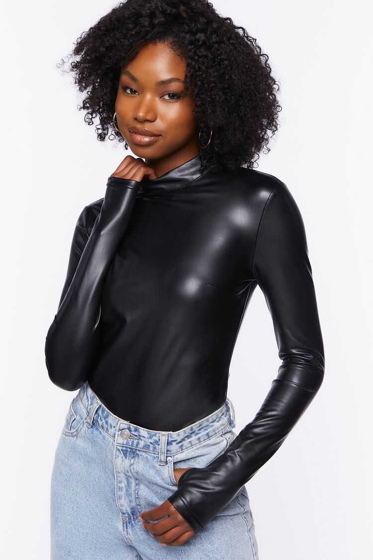 Forever 21 Women's Faux Leather/Pleather Long-Sleeve Bodysuit Black