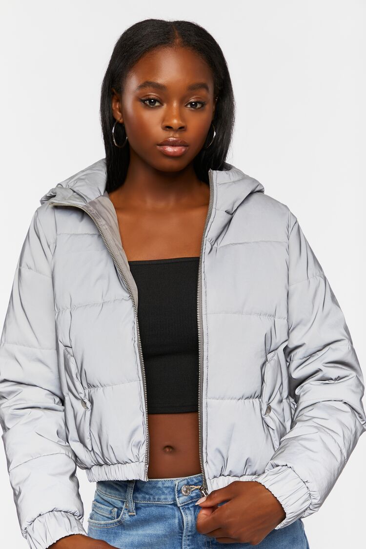 Forever 21 Women's Reflective Hooded Puffer Bubble Coat Jacket Silver