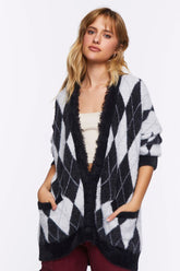 Forever 21 Knit Women's Fuzzy Argyle Cardigan Sweater Black/Multi