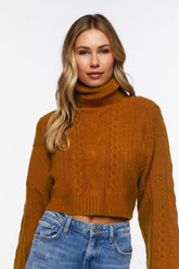 Forever 21 Women's Cropped Cable Knit Turtleneck Sweater Brown