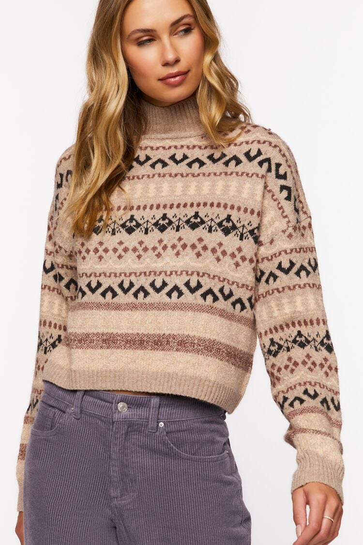 Forever 21 Knit Women's Fair Isle Mock Neck Sweater Oatmeal/Multi