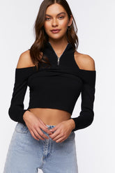 Forever 21 Women's Open-Shoulder Half-Zip Crop Top Black