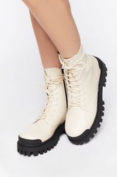 Forever 21 Women's Faux Leather/Pleather Lug Combat Boots Cream/Black