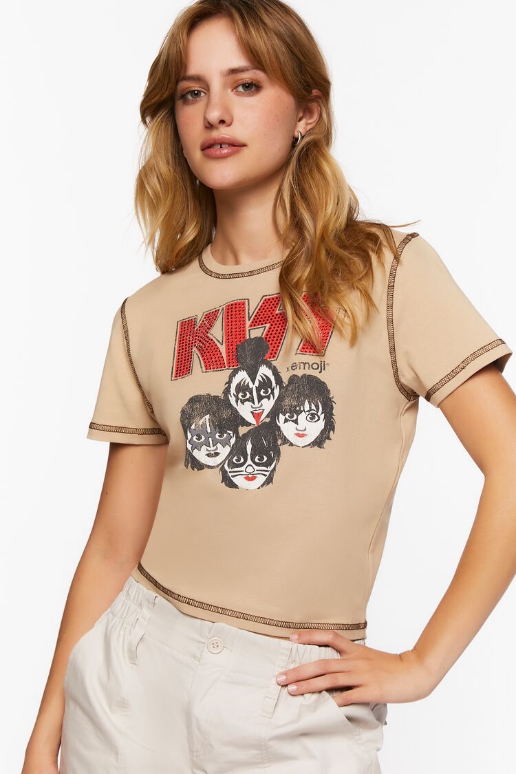 Forever 21 Women's KISS x Emoji Rhinestone Graphic Baby T-Shirt Taupe/Multi