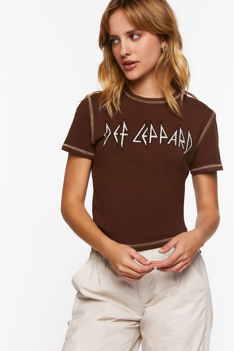 Forever 21 Women's Def Leppard Studded Graphic Baby T-Shirt Brown/Multi