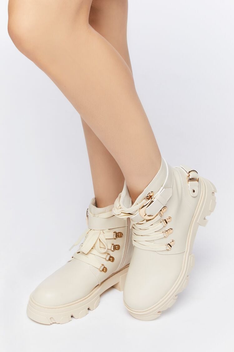 Forever 21 Women's Faux Leather/Pleather Combat Ankle Boots Cream