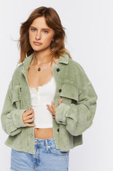 Forever 21 Women's Reverse Fleece Cropped Shacket Olive