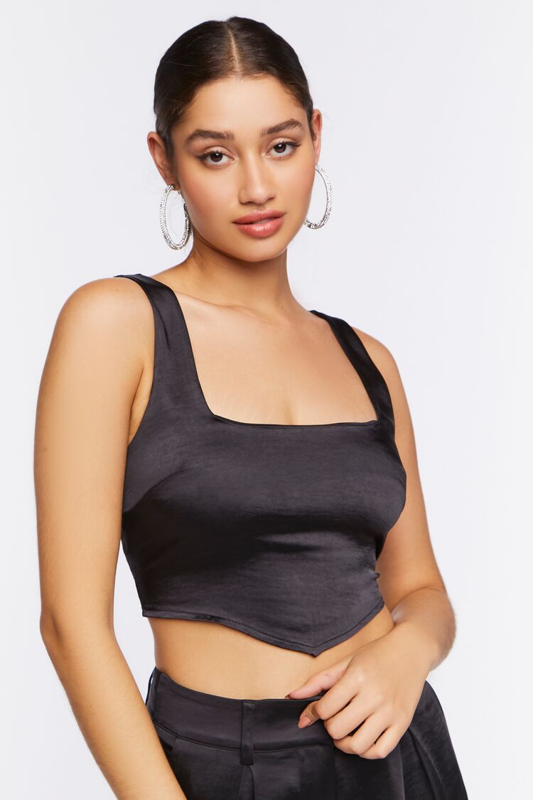 Forever 21 Women's Satin V-Hem Crop Top Black