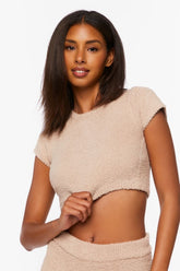 Forever 21 Women's Fuzzy Cropped Lounge T-Shirt Khaki