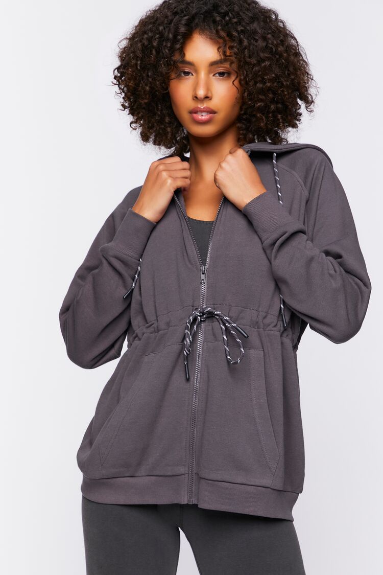 Forever 21 Women's Active Drawstring Zip-Up Hoodie Sweatshirt Charcoal