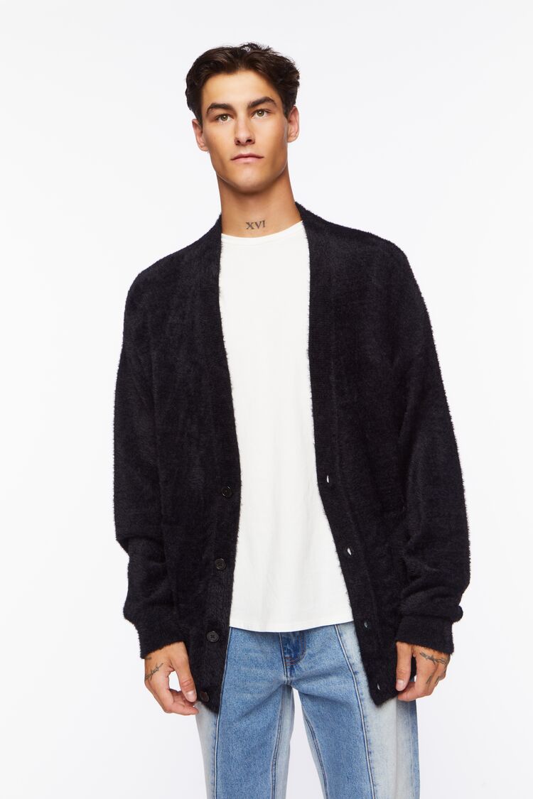 Forever 21 Men's Fuzzy Knit Cardigan Sweater Black