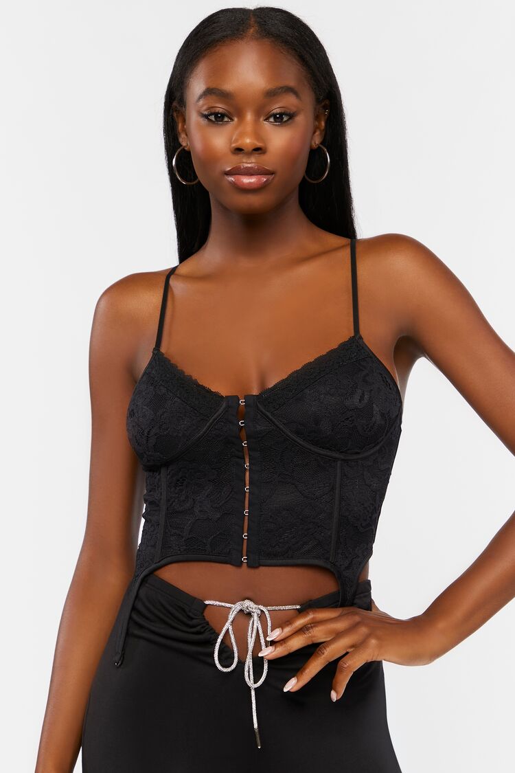 Forever 21 Women's Lace Hook-and-Eye Bustier Crop Top Black