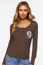 Forever 21 Women's Janis Joplin Graphic Henley Top Brown/Multi