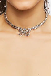 Forever 21 Women's Butterfly Rhinestone Choker Necklace Clear/Silver