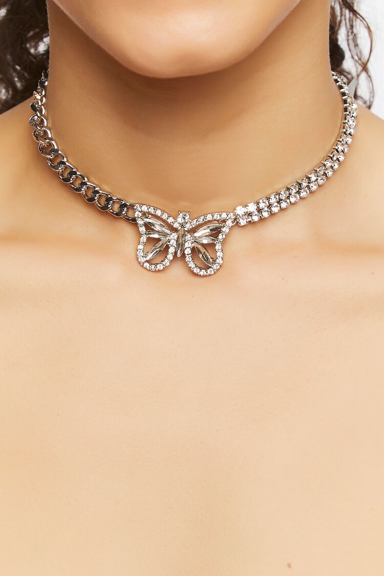 Forever 21 Women's Butterfly Rhinestone Choker Necklace Clear/Silver