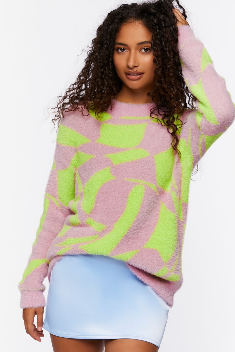 Forever 21 Knit Women's Fuzzy Abstract Print Sweater Mint/Pink Icing