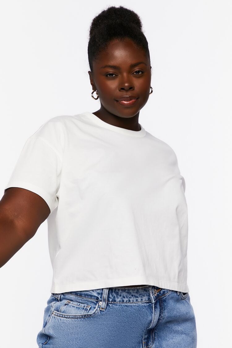 Forever 21 Plus Women's Drop-Sleeve Crew T-Shirt White