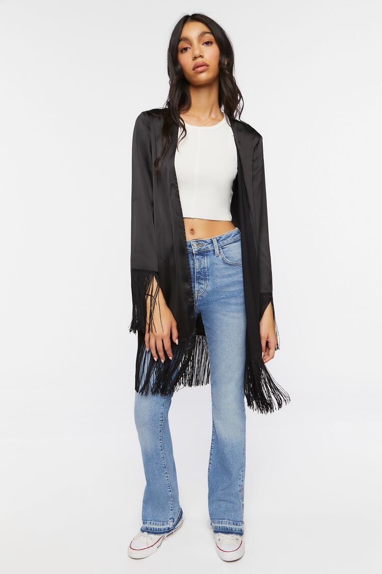 Forever 21 Women's Satin Fringe-Trim Kimono Black