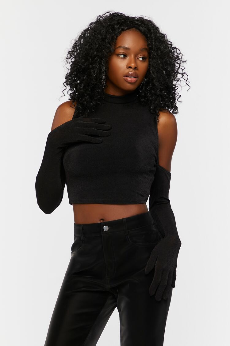 Forever 21 Women's Cutout Glove-Sleeve Crop Top Black