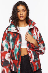 Forever 21 Women's Watercolor Print Puffer Bubble Coat Jacket Red/Multi