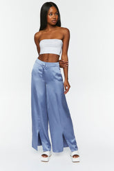 Forever 21 Women's Satin Wide-Leg Split-Hem Pants Blue Mirage