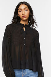 Forever 21 Women's Chiffon Smocked Balloon-Sleeve Shirt Black