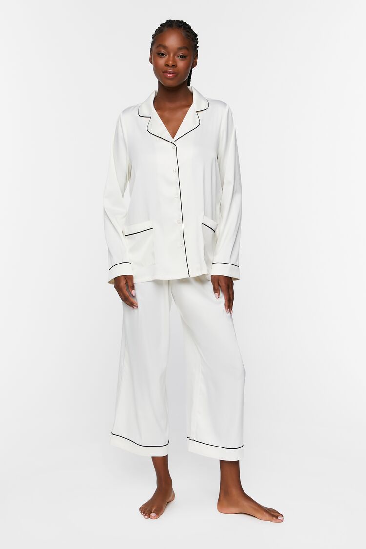 Forever 21 Women's Satin Piped-Trim Shirt & Shorts Pants Set White