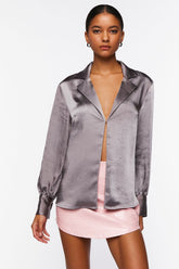 Forever 21 Women's Satin Split-Hem Shirt Steeple Grey