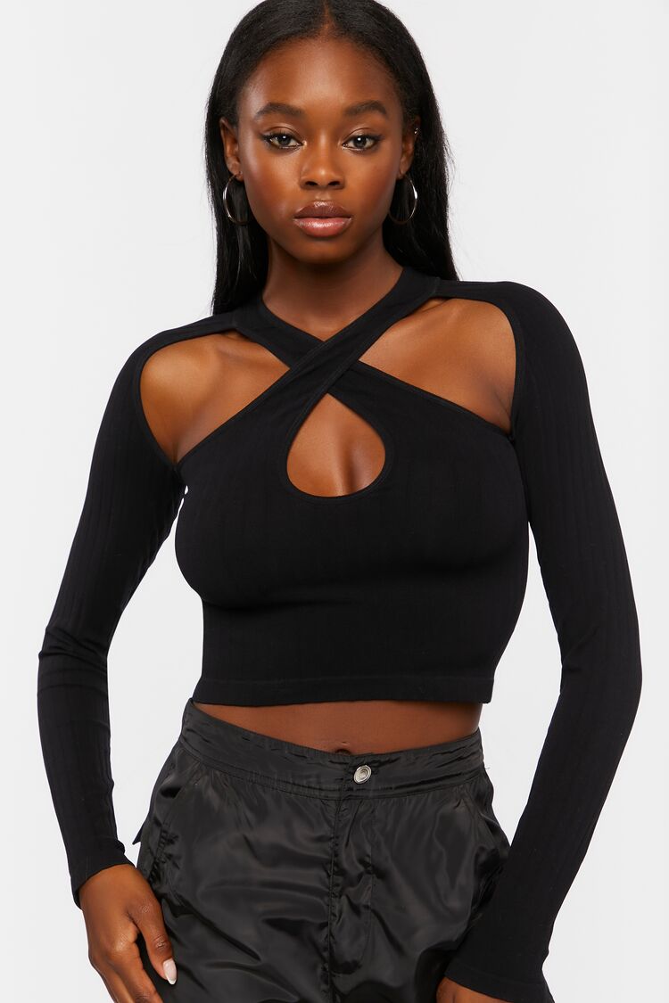 Forever 21 Women's Ribbed Cutout Halter Crop Top Black