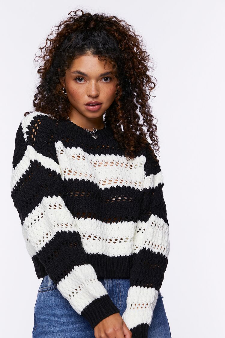 Forever 21 Women's Striped Open-Knit Sweater Black/Cream