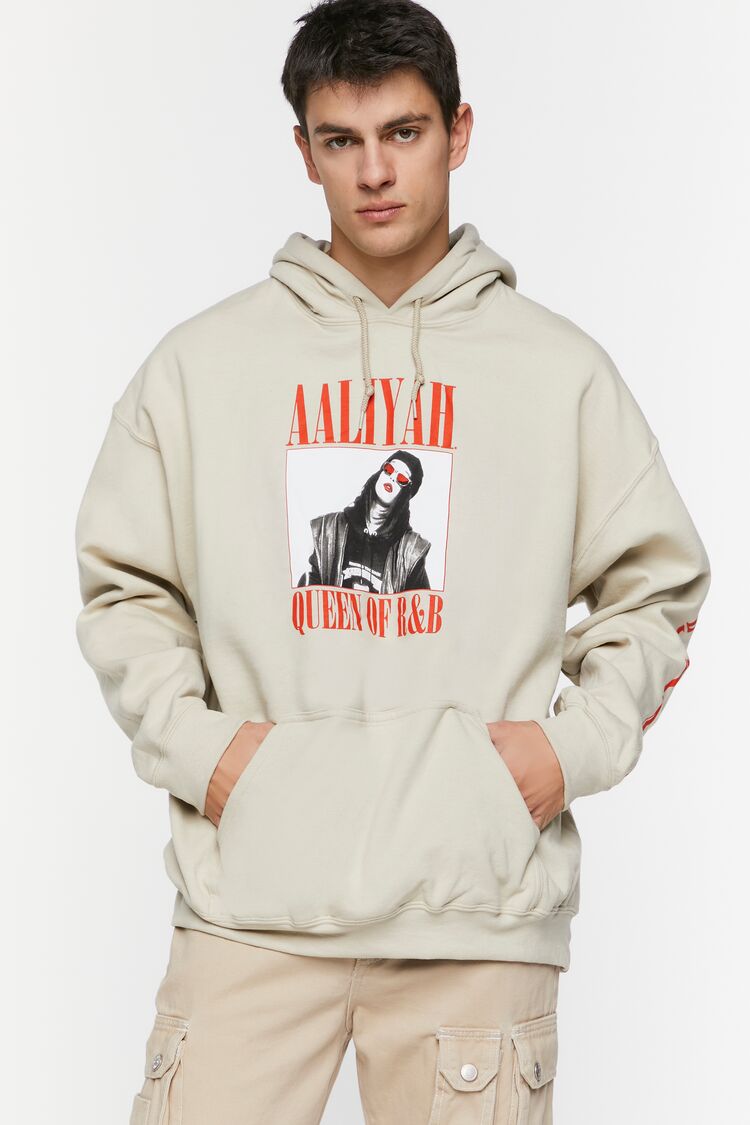 Forever 21 Men's Aaliyah Graphic Drawstring Hoodie Sweatshirt Sand/Red