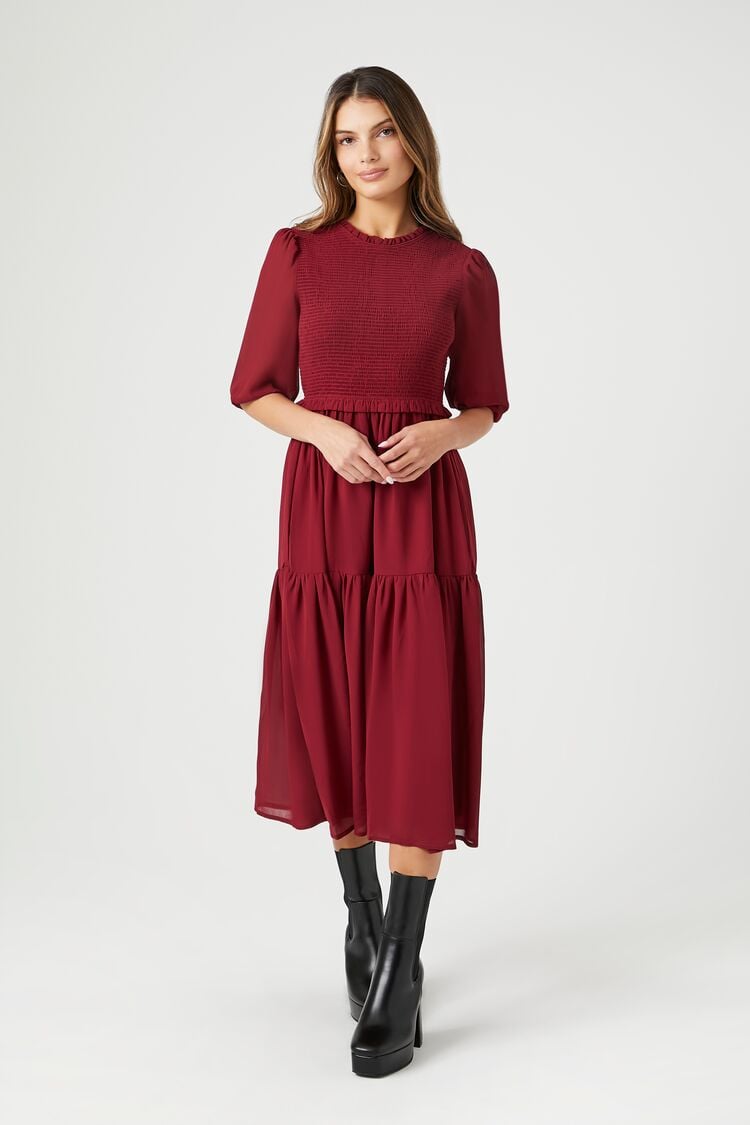 Forever 21 Women's Smocked Chiffon Peasant-Sleeve Dress Burgundy