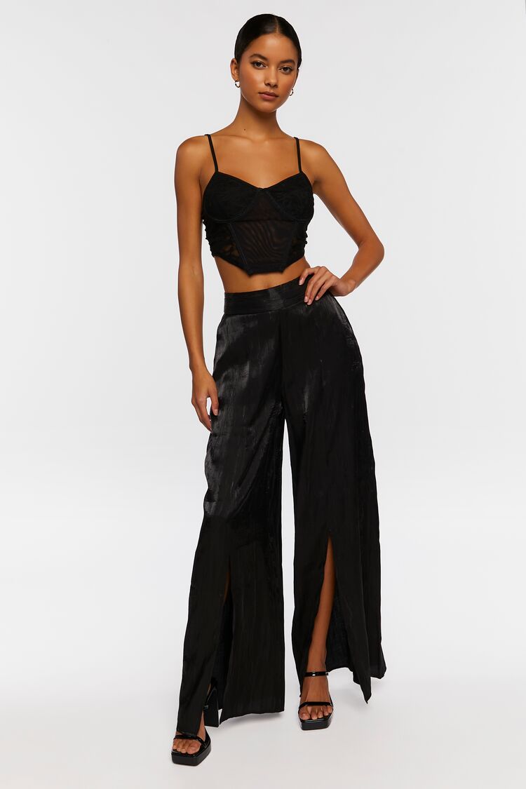 Forever 21 Women's Satin Split-Hem Palazzo Pants Black